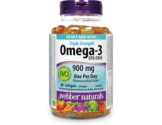 Webber Naturals Triple Strength Omega-3 900mg – 80 Clear Enteric Softgels