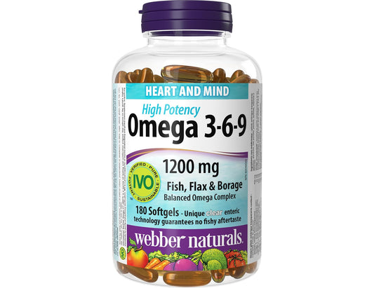 Webber Naturals Omega-3-6-9 1200mg – 180 Clear Enteric Softgels