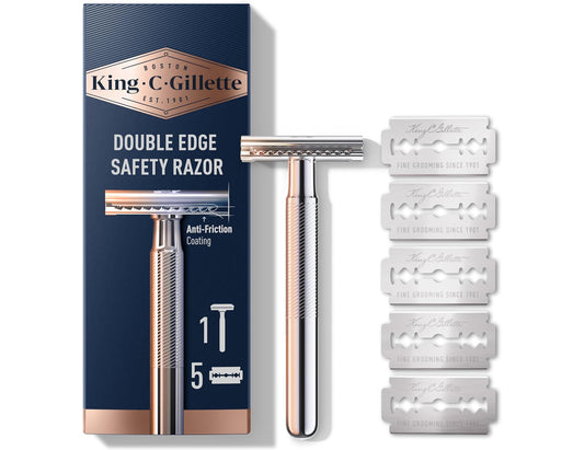 King C. Gillette Double Edge Safety Razor - Chrome Handle with 5 Platinum Blades