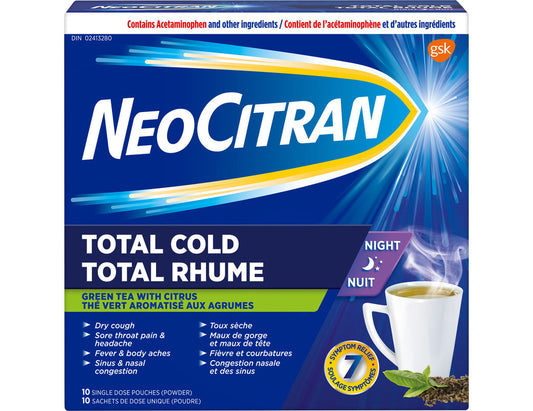 NeoCitran Total Cold Night Citrus Infusions with Green Tea Extract - 10 Single Dose Pouches