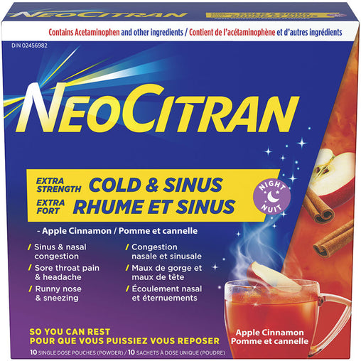 NeoCitran Cold & Sinus Night Extra Strength Apple Cinnamon Single Dose Pouches, 10 ct