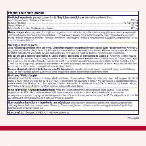 Buckley's - Original Cough & Congestion Syrup - 100 mL - ingredients and product facts panel