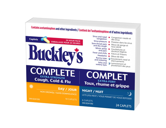 Buckley's - Complete Extra Strength 24H Pack - 18 Daytime + 6 Nighttime Caplets - current product packaging