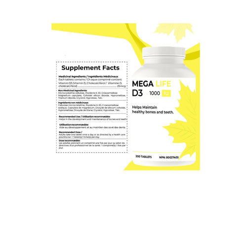 Mega Life D3 1000 IU Tablets - 200 Count