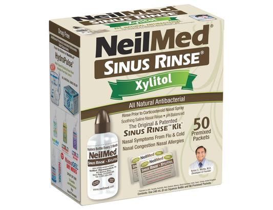 NeilMed - Sinus Rinse Kit with Xylitol - 1 Rinse bottle 240 mL + 50 Premixed Packets - current product packaging