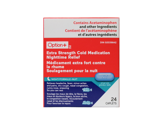 Option+ - Extra Strength Cold Medication Nighttime Relief - 24 Caplets - current product packaging