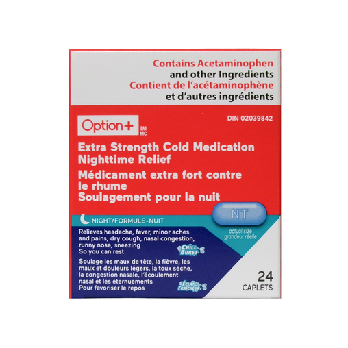 Option+ - Extra Strength Cold Medication Nighttime Relief - 24 Caplets - current product packaging
