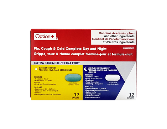 Option+ - Flu, Cough & Cold Complete Day & Night Relief - 12 Daytime + 12 Nighttime Caplets - current product packaging