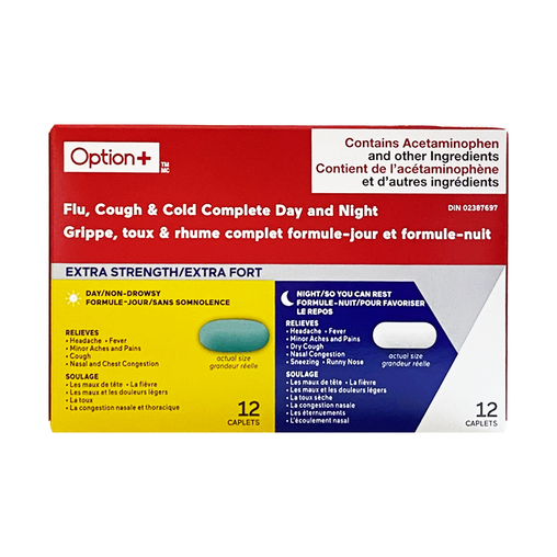 Option+ - Flu, Cough & Cold Complete Day & Night Relief - 12 Daytime + 12 Nighttime Caplets - current product packaging