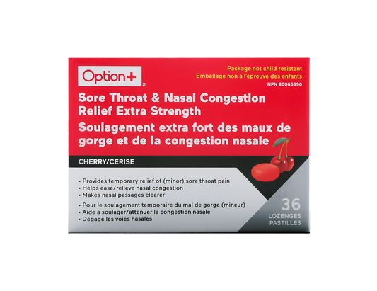Option+ - Extra Strength Sore Throat & Nasal Congestion Relief, Cherry - 36 Lozenges - current product packaging