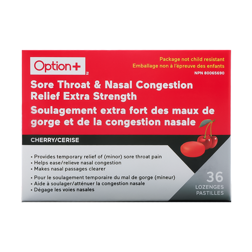 Option+ - Extra Strength Sore Throat & Nasal Congestion Relief, Cherry - 36 Lozenges - current product packaging