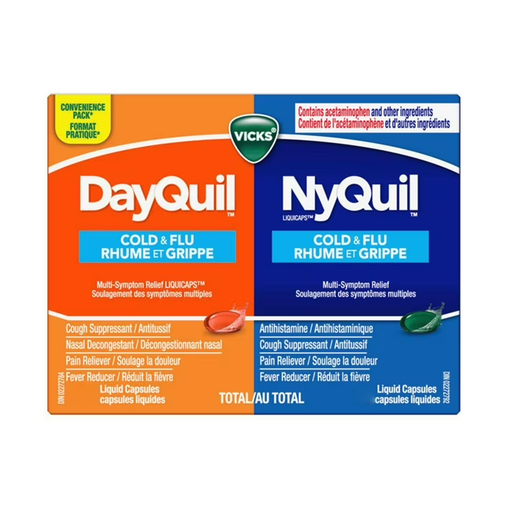 Vicks - Cold & Flu Convenience Pack - 16 Dayquil Liquid + 8 Nyquil Liquid Capsules - current product packaging