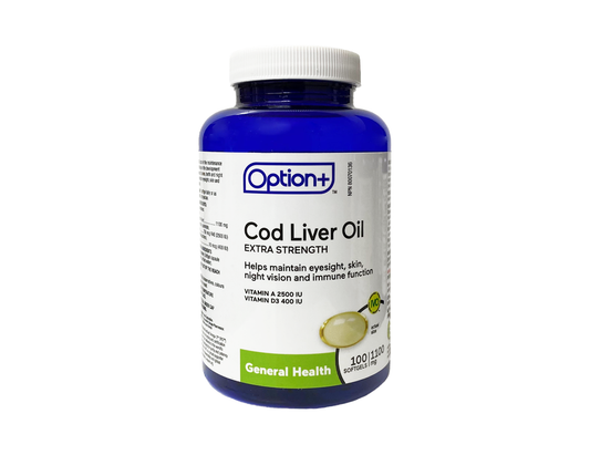 Option+ Extra Strength Cod Liver Oil 1100 mg - 100 Softgels product packaging