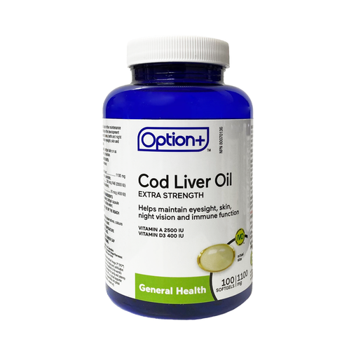Option+ Extra Strength Cod Liver Oil 1100 mg - 100 Softgels product packaging