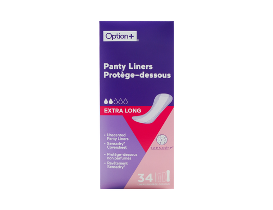 Option+ Extra Long Unscented Panty Liners - 34 Liners product packaging