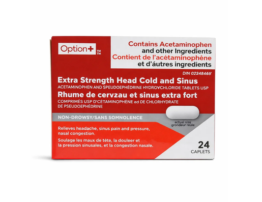 Option+ - Extra Strength Head Cold & Sinus - 24 Caplets - current product packaging