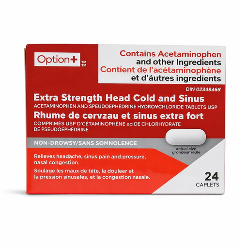 Option+ - Extra Strength Head Cold & Sinus - 24 Caplets - current product packaging