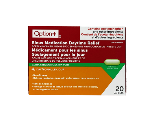 Option+ - Extra Strength Sinus Daytime Relief - 20 Caplets - current product packaging
