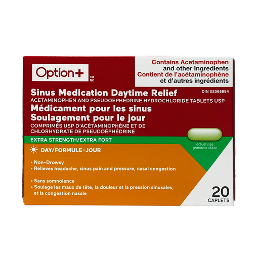 Option+ - Extra Strength Sinus Daytime Relief - 20 Caplets - current product packaging