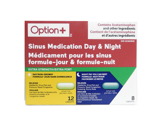 Option+ - Extra Strength Sinus Day & Night - 12 Daytime + 8 Nighttime Caplets - current product packaging