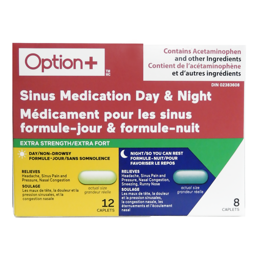 Option+ - Extra Strength Sinus Day & Night - 12 Daytime + 8 Nighttime Caplets - current product packaging