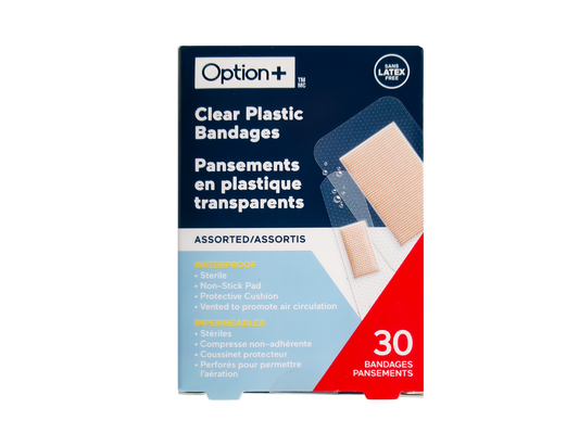 Option+ Clear Plastic Bandages, Assorted - 30 Bandages current product packaging