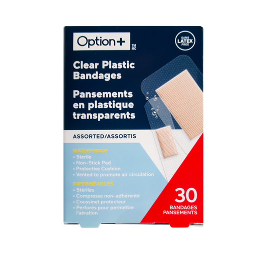 Option+ Clear Plastic Bandages, Assorted - 30 Bandages current product packaging