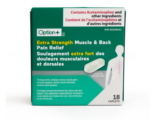 Option+ Extra Strength Muscle & Back Pain Relief - 18 Caplets product packaging