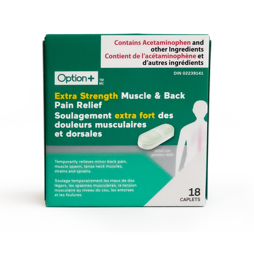 Option+ Extra Strength Muscle & Back Pain Relief - 18 Caplets product packaging