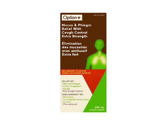 Option+ - Mucus & Phlegm Relief With Cough Control, Extra Strength - 250 mL - current product packaging