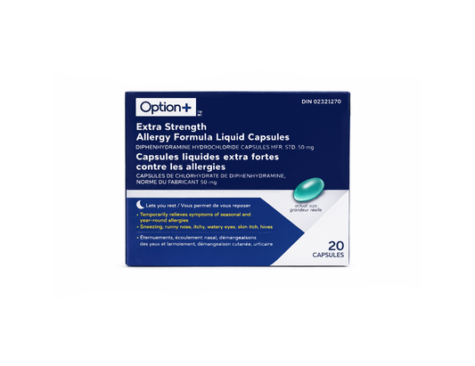 Option+ Extra Strength Allergy Formula Liquid - 20 Capsules product packaging