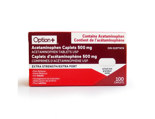 Option+ Extra Strength Acetaminophen 500 mg - 100 Caplets product packaging