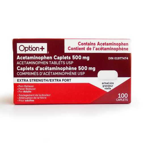 Option+ Extra Strength Acetaminophen 500 mg - 100 Caplets product packaging