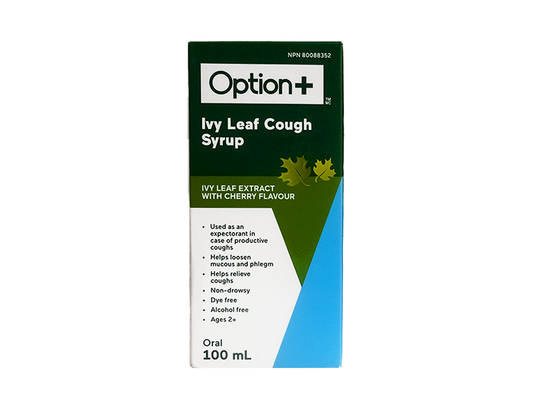 Option+ - Ivy Leaf Cough Syrup, Cherry Flavour - 100 mL - current product packaging