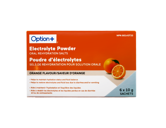 Option+ Electrolyte Powder, Orange Flavour - 6 x 10 g Sachets product packaging