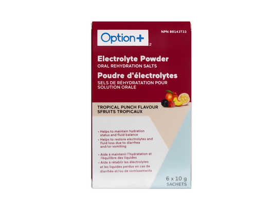 Option+ Electrolyte Powder, Tropical Punch Flavour - 6 x 10 g Sachets product packaging