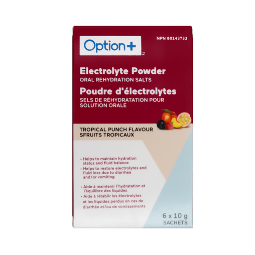 Option+ Electrolyte Powder, Tropical Punch Flavour - 6 x 10 g Sachets product packaging