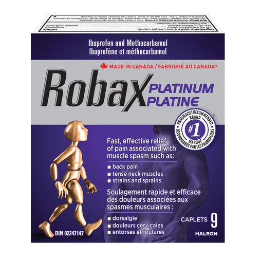 Robax Platinum Muscle Relaxant and Pain Reliever, 200 mg/500 mg - 9 Caplets product packaging