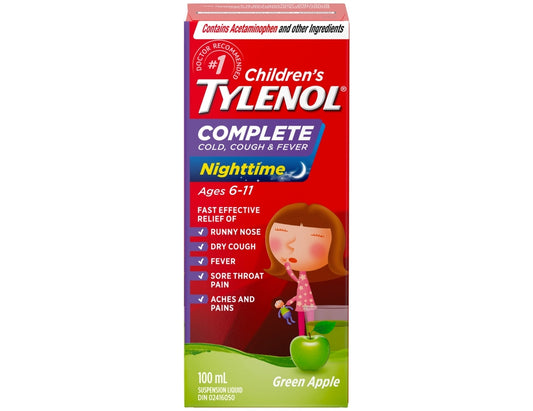Tylenol Children's Complete Cold, Cough & Fever Nighttime Liquid, Green Apple, 100 mL