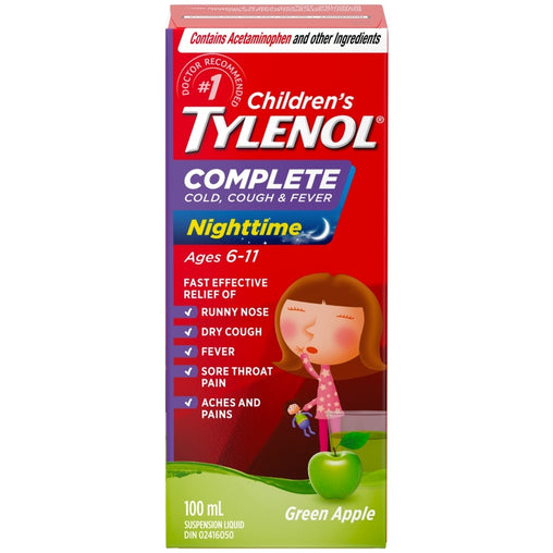 Tylenol Children's Complete Cold, Cough & Fever Nighttime Liquid, Green Apple, 100 mL