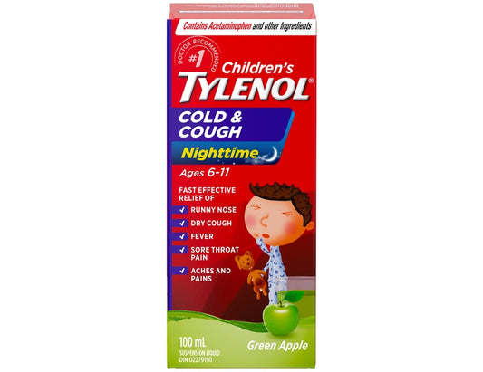 Tylenol Children's Cold & Cough Nighttime Liquid, Green Apple, 100 mL