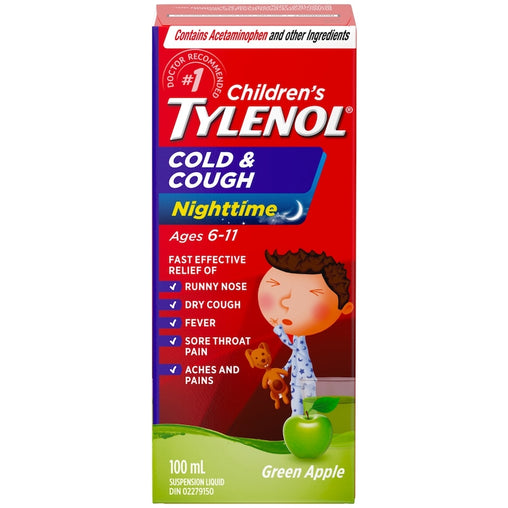 Tylenol Children's Cold & Cough Nighttime Liquid, Green Apple, 100 mL
