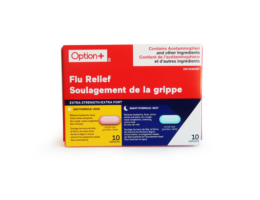 Option+ - Extra Strength Flu Relief - 10 Daytime + 10 Nighttime Caplets - current product packaging
