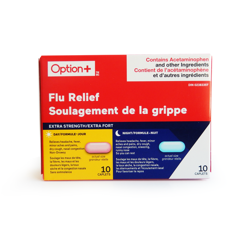Option+ - Extra Strength Flu Relief - 10 Daytime + 10 Nighttime Caplets - current product packaging