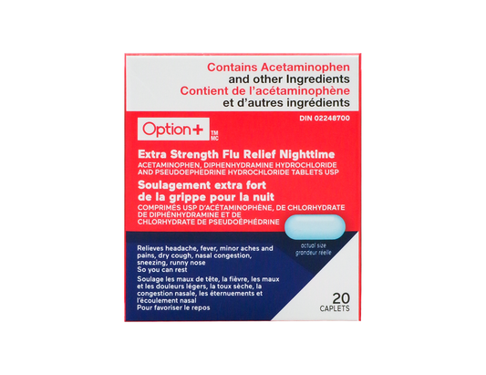 Option+ - Flu Relief Nighttime, Extra Strength - 20 Caplets - current product packaging