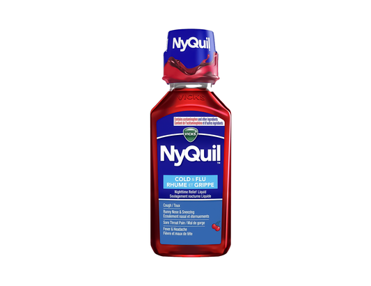 Vicks - NyQuil Cold & Flu Nighttime Relief Cherry Flavour - 236 mL - current product packaging