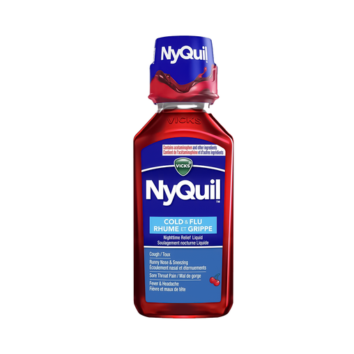 Vicks - NyQuil Cold & Flu Nighttime Relief Cherry Flavour - 236 mL - current product packaging
