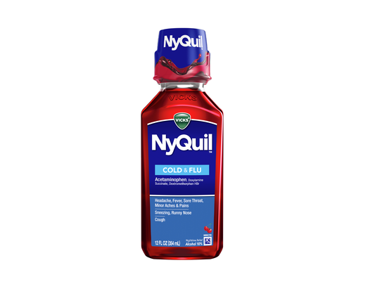 Vicks - NyQuil Cold & Flu Nighttime Relief Syrup, Cherry Flavour - 354 mL - current product packaging