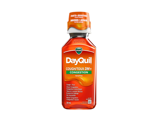Vicks - DayQuil Cough Suppressant Syrup, Tropical Blend Flavour - 354 mL - current product packaging