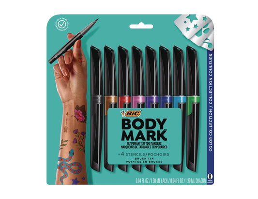 BIC BodyMark Temporary Tattoo Markers, Fine Brush Tip, Assorted Colors, 8 ct